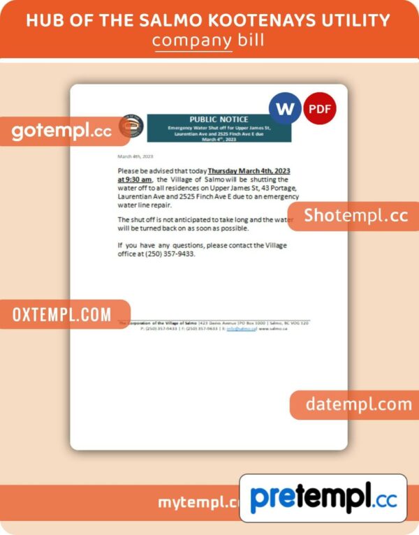 Hub of the Salmo Kootenays business utility bill, Word and PDF template, 4 pages, version 3