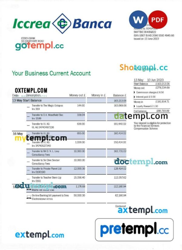 Iccrea Banca enterprise account statement Word and PDF template