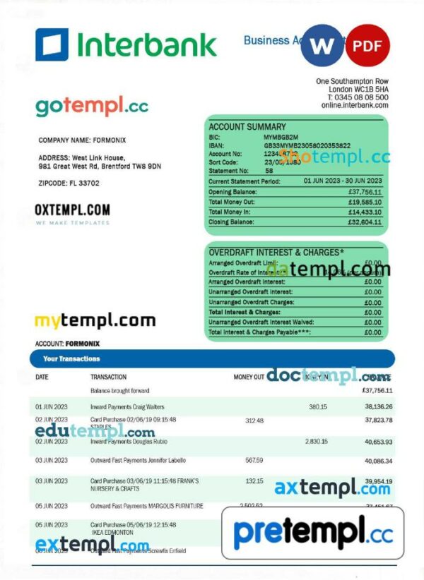Interbank organization account statement Word and PDF template