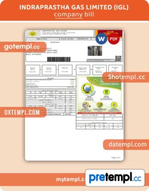 Indraprastha Gas Limited (IGL) business utility bill, Word and PDF template, 2 pages