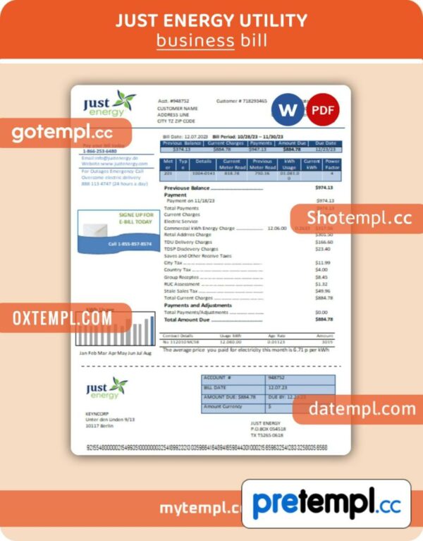 Just Energy business utility bill, Word and PDF template