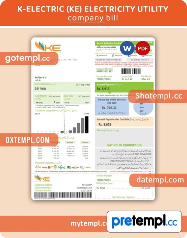 K-Electric (KE) electricity business utility bill, Word and PDF template, 2 pages