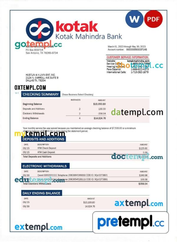 Kotak Mahindra Bank enterprise statement Word and PDF template