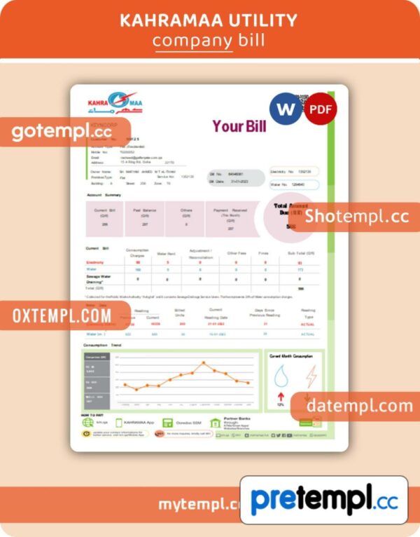 Kahramaa business utility bill, Word and PDF template