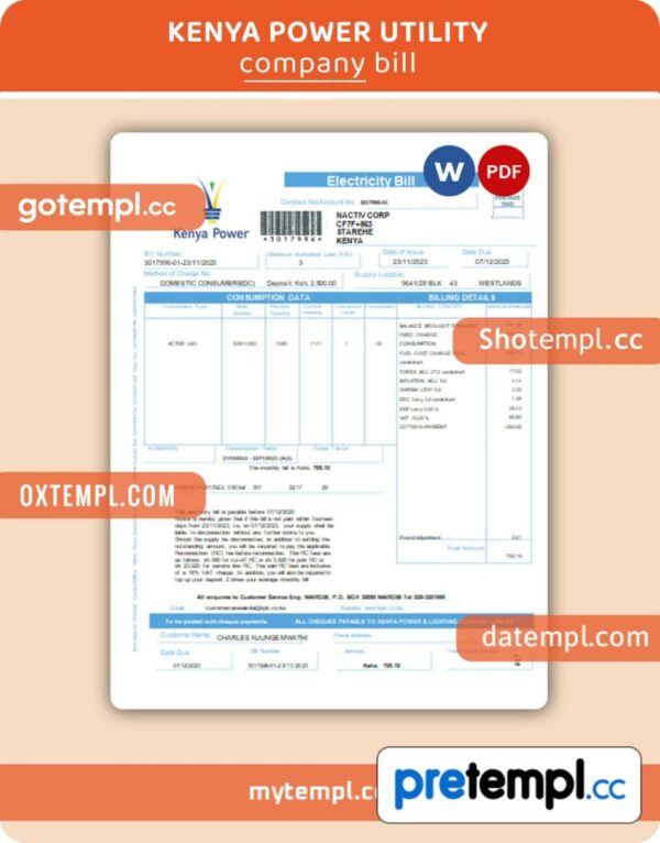Kenya Power business utility bill, Word and PDF template