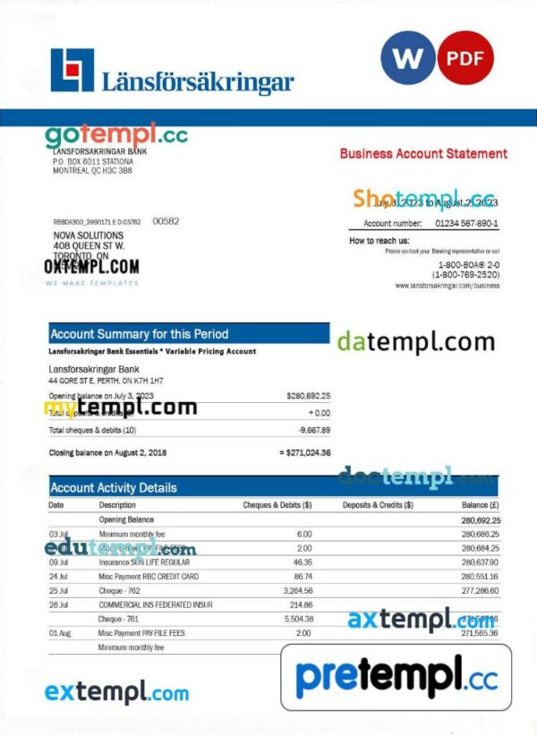 Lansforsakringar Bank company checking account statement Word and PDF template