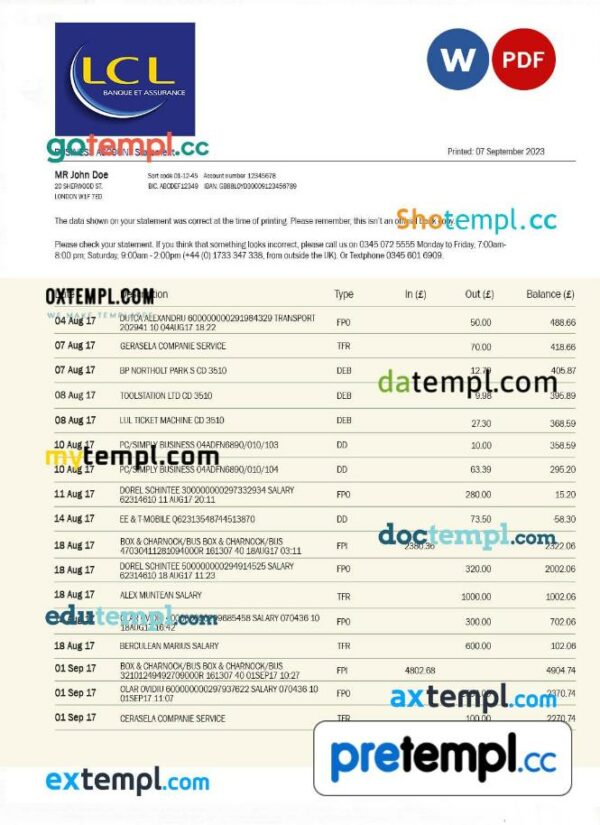 LCL Bank business statement Word and PDF template