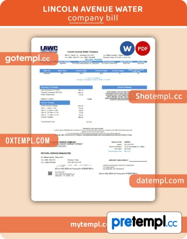 Lincoln Avenue Water Company business utility bill, Word and PDF template