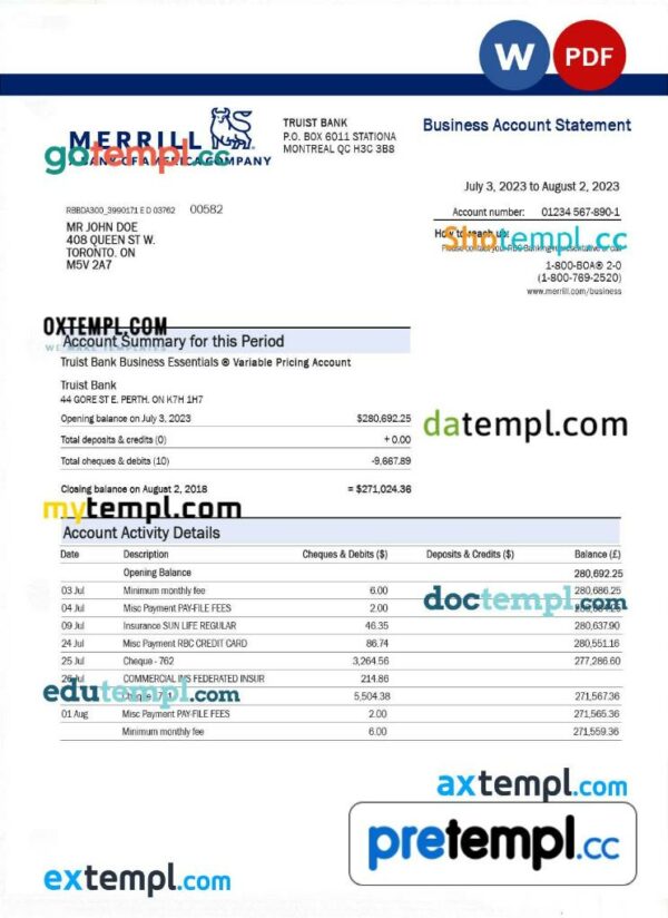 Merrill Bank organization account statement Word and PDF template
