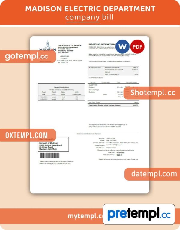 Madison Electric Department business utility bill, Word and PDF template, 2 pages