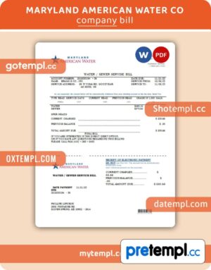 Maryland American Water Co business utility bill, PDF and WORD template