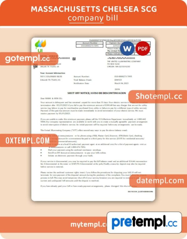 Massachusetts Chelsea SCG The United Illuminating Company shut off notice business bill, Word and PDF template, 2 pages