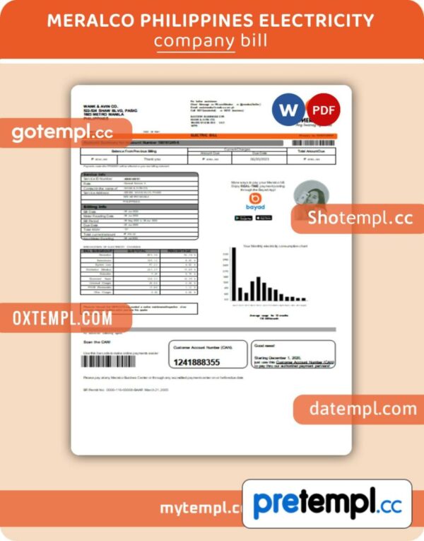 Meralco Philippines electricity business utility bill, Word and PDF template, 4 pages, version 3