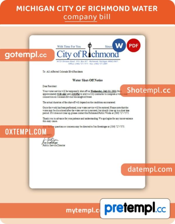 Michigan City of Richmond water shut off notice business utility bill, PDF and WORD template