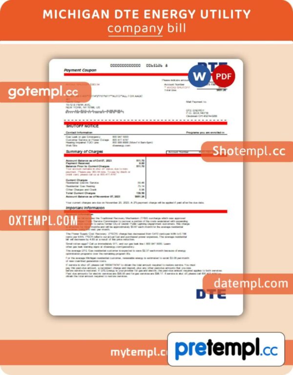 Michigan DTE Energy business utility bill, Word and PDF template