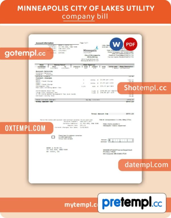 Minneapolis City of Lakes business utility bill, Word and PDF template