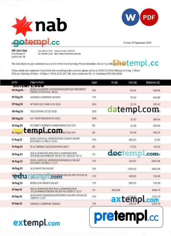NAB Bank company account statement Word and PDF template