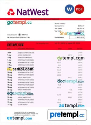 Natwest Bank enterprise account statement Word and PDF template