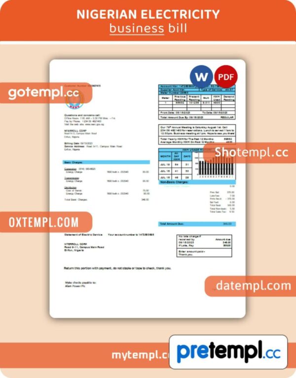 Nigerian Electricity Regulatory Commission electricity business utility bill, Word and PDF template