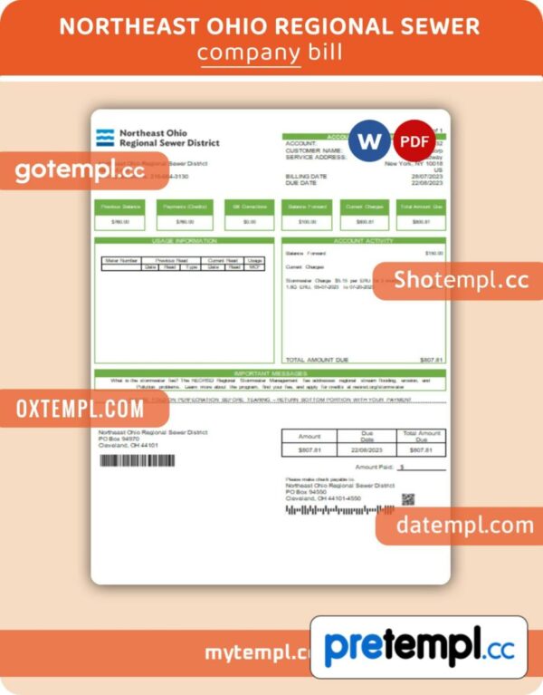 Northeast Ohio Regional Sewer Districtutility business utility bill, Word and PDF template