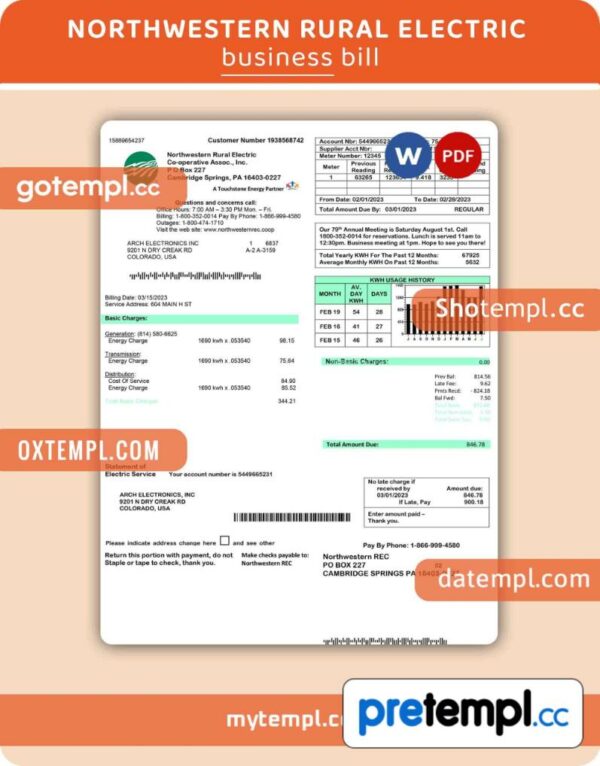 Northwestern Rural Electric utility business bill PDF and WORD template