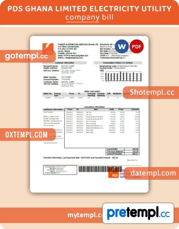PDS Ghana Limited business utility bill, Word and PDF template