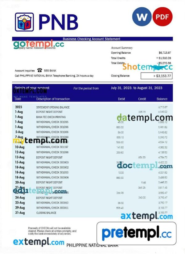 Philippine National Bank Business statement Word and PDF template