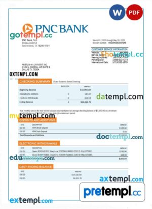 PNC Bank firm checking account statement Word and PDF template