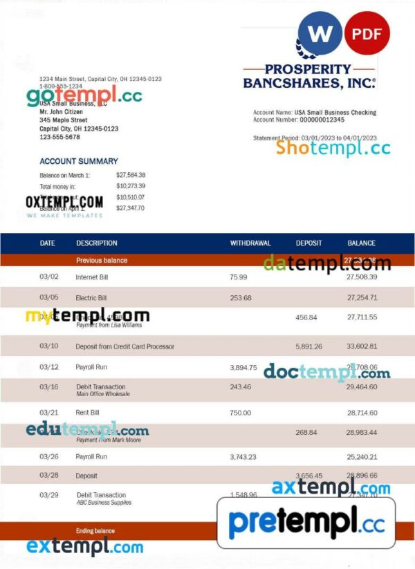 Prosperity Bancshares Inc company checking account statement Word and PDF template