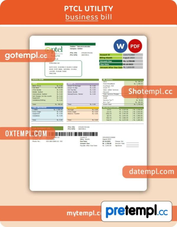 PTCL business utility bill, PDF and WORD template