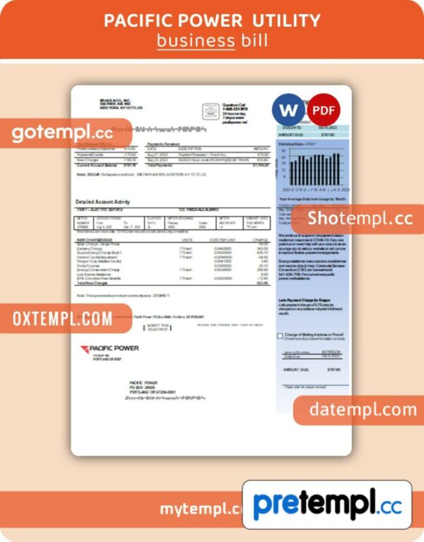 Pacific Power business utility bill, Word and PDF template, 2 pages