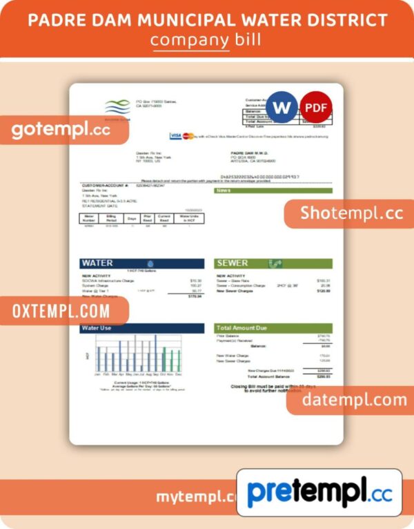 Padre Dam Municipal Water District business utility bill, Word and PDF template