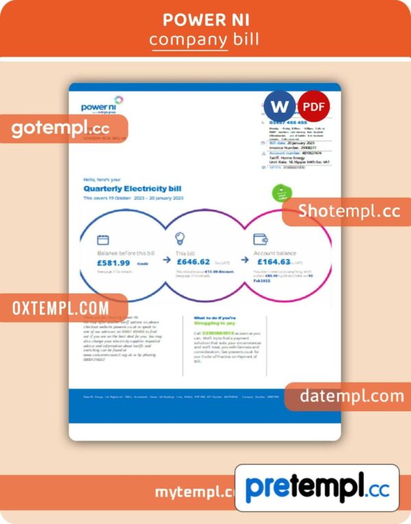 Power NI business utility bill, Word and PDF template
