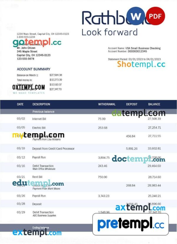 Rathbones Bank company account statement Word and PDF template
