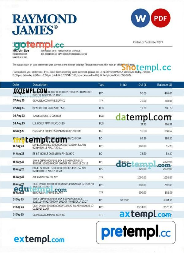 Raymond James Bank organization statement Word and PDF template
