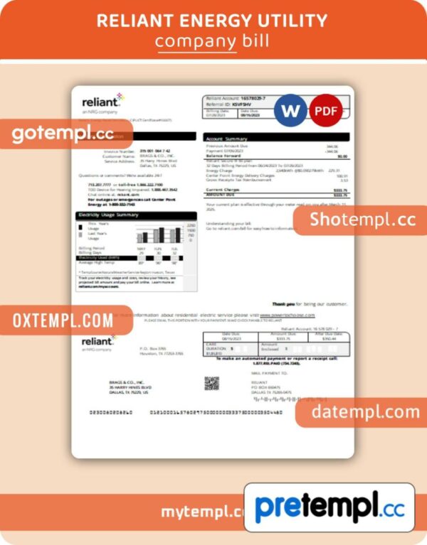 Reliant Energy business utility bill, Word and PDF template, 2 pages