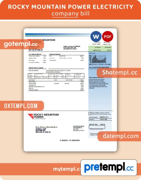 Rocky Mountain Power electricity business utility bill, Word and PDF template, 4 pages, version 3