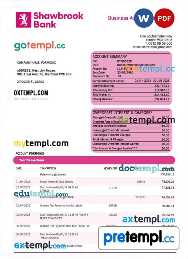 Shawbrook Group enterprise account statement Word and PDF template