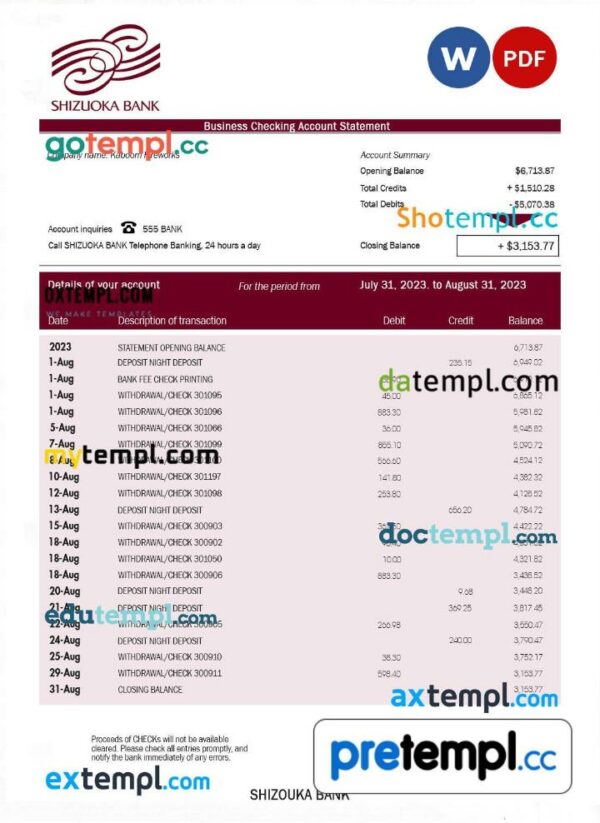 Shizuoka Bank organization checking account statement Word and PDF template