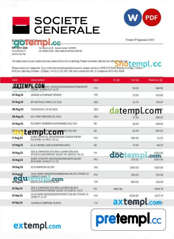 Societe Generale Bank firm account statement Word and PDF template