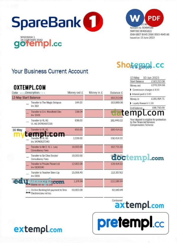 Sparebank 1 firm account statement Word and PDF template