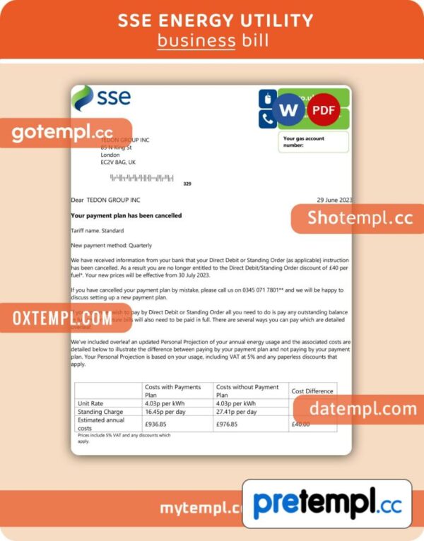 SSE Energy business utility bill, Word and PDF template, 2 pages