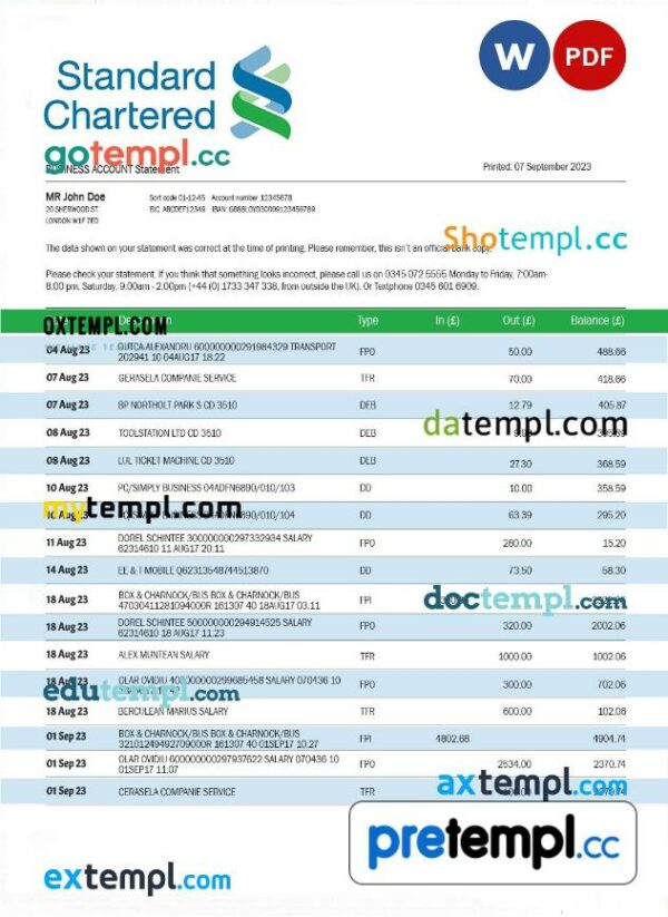 Standard Chartered bank company account statement Word and PDF template