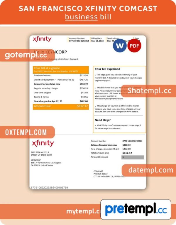 San Francisco Xfinity Comcast business utility bill, PDF and WORD template