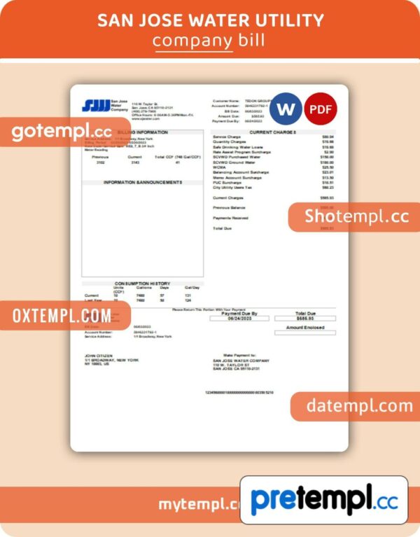 San Jose Water business utility bill, PDF and WORD template