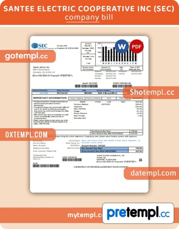 Santee Electric Cooperative Inc (SEC) proof of address business utility bill, Word and PDF template