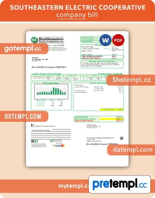 Southeastern Electric Cooperative, Inc. business utility bill, Word and PDF template, 2 pages