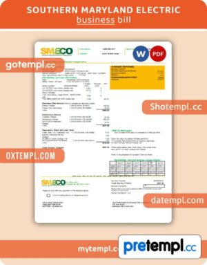 Southern Maryland Electric Cooperative - SMECO utility business bill, Word and PDF template, 4 pages, version 3