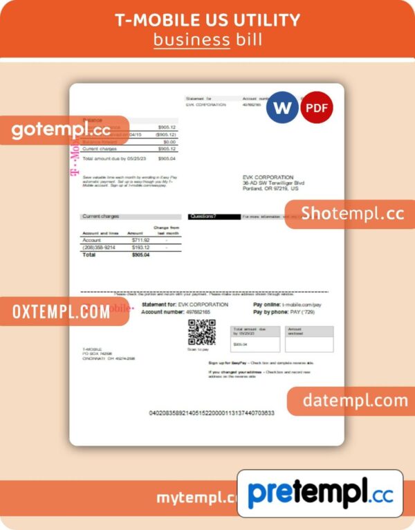 T-Mobile US business utility bill, Word and PDF template