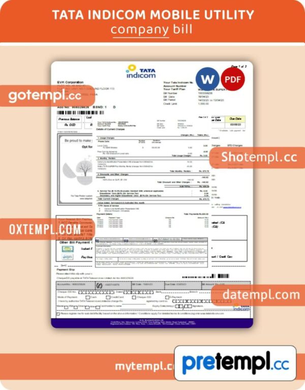 Tata Indicom mobile business utility bill, Word and PDF template